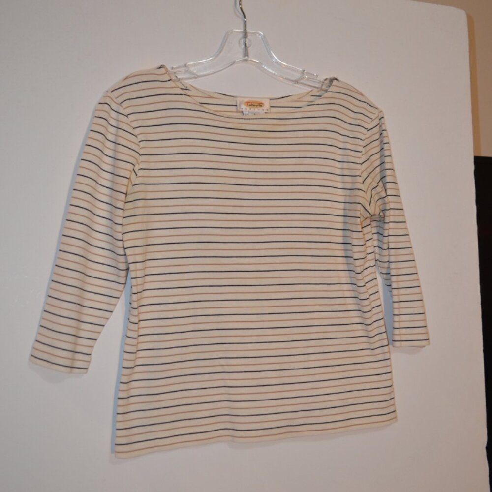 Talbots Petites Women White & Stripes Tee 3/4 Sleeves Blouse  P